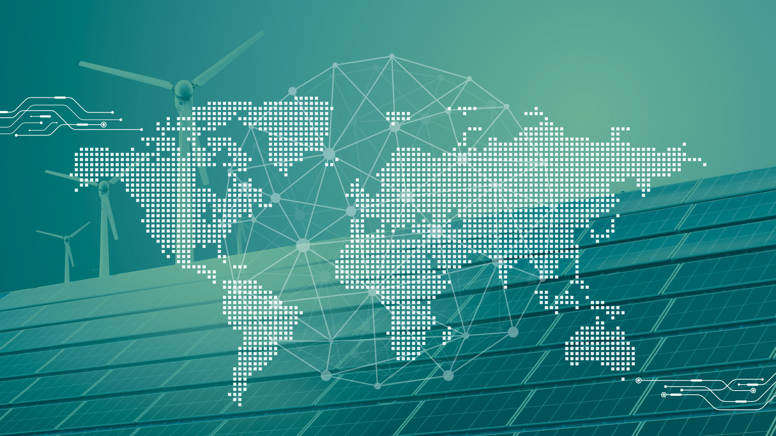 Graphic of a global map across a background of wind turbines and solar panels.