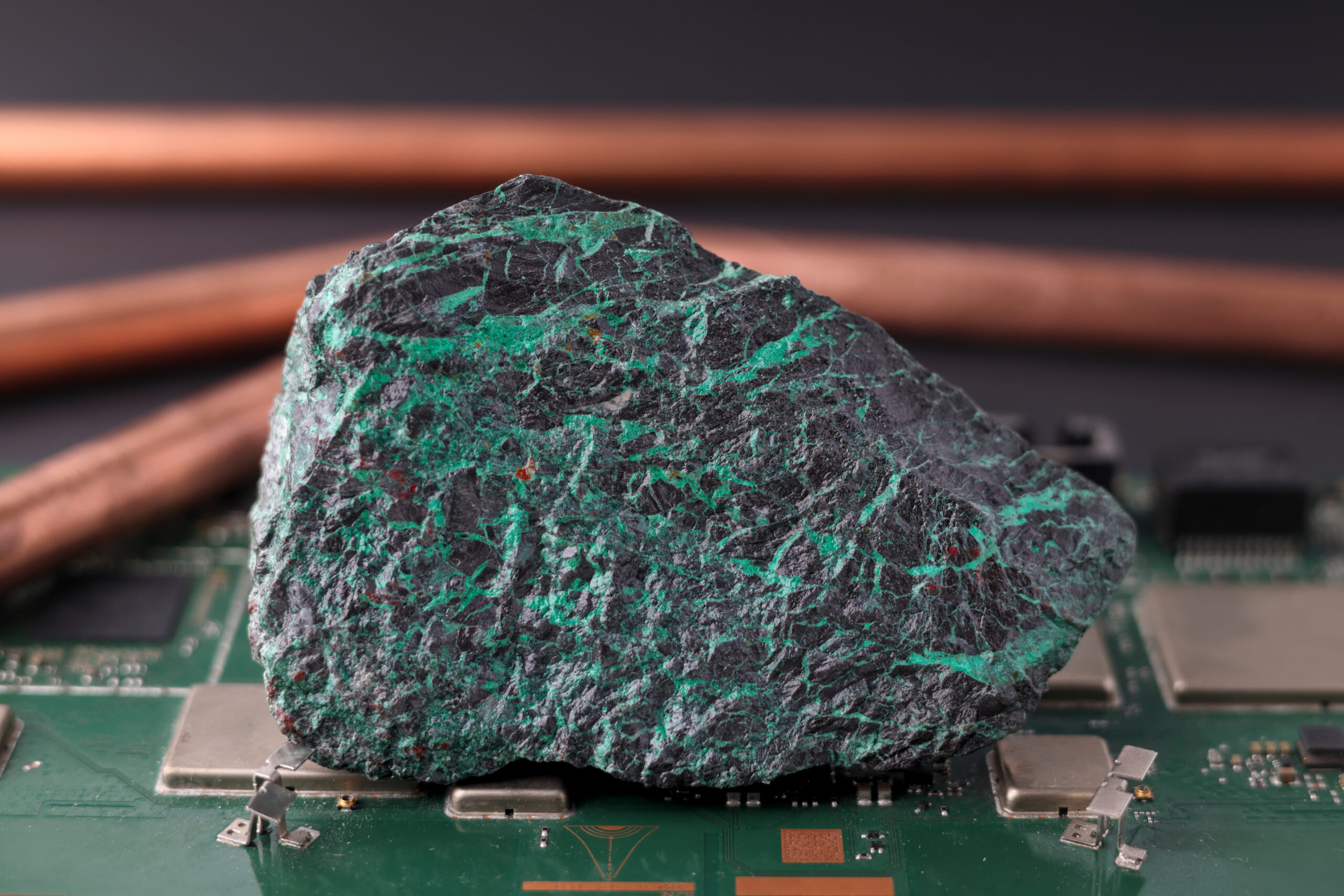 Copper ore on an electronic circuit board.