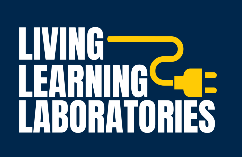 Living Learning Laboratories logo with white text and a yellow electrical plug on a blue background.