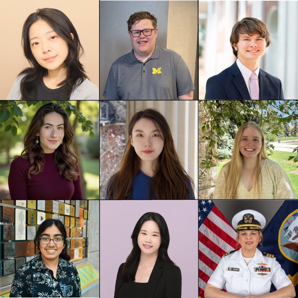 Nine portrait photos arranged in a 3-by-3 grid featuring students and professionals in various indoor and outdoor settings.